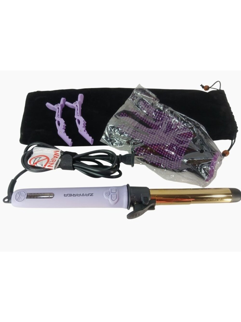 Zavarea Purple Rotating Curling Iron 1" Gold Barrel Heat-Resistant Glove Clips